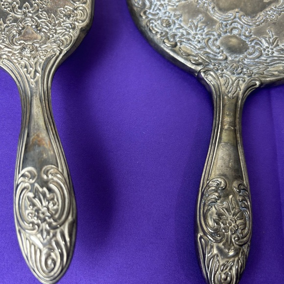 Vanity Set Vintage Silver Plated Hand Mirror & Hair Brush Victorian Heavy - Picture 6 of 8